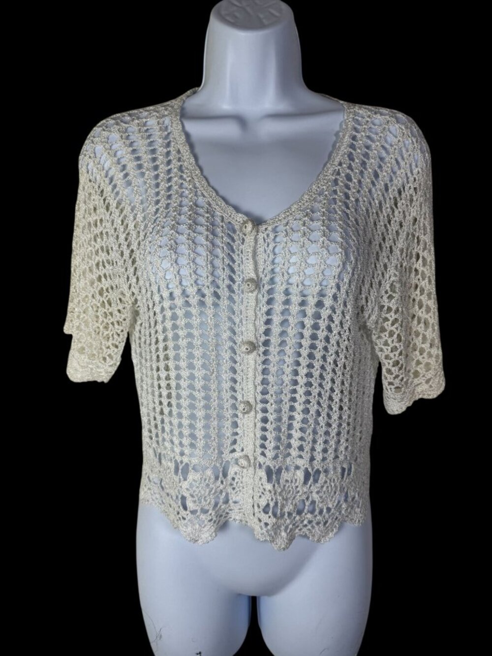 Kroshetta Cream Open Knit Button Up Short Sleeve Crochet Cardigan Top sz Medium